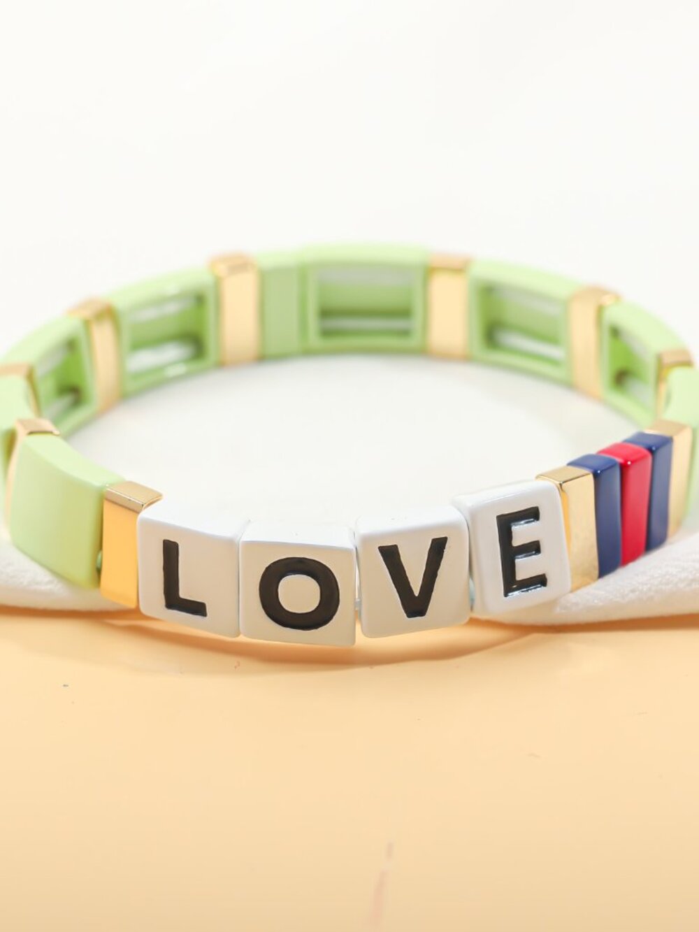 NEW Roxanne Assoulin Just Say Love Gold Light Green Enamel Stretch Bracelet